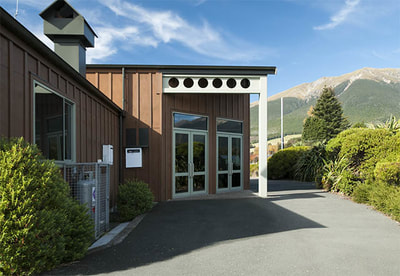 Side entrance of the Lake Rotoiti Community Hall in St Arnaud, Nelson Lakes, New Zealand